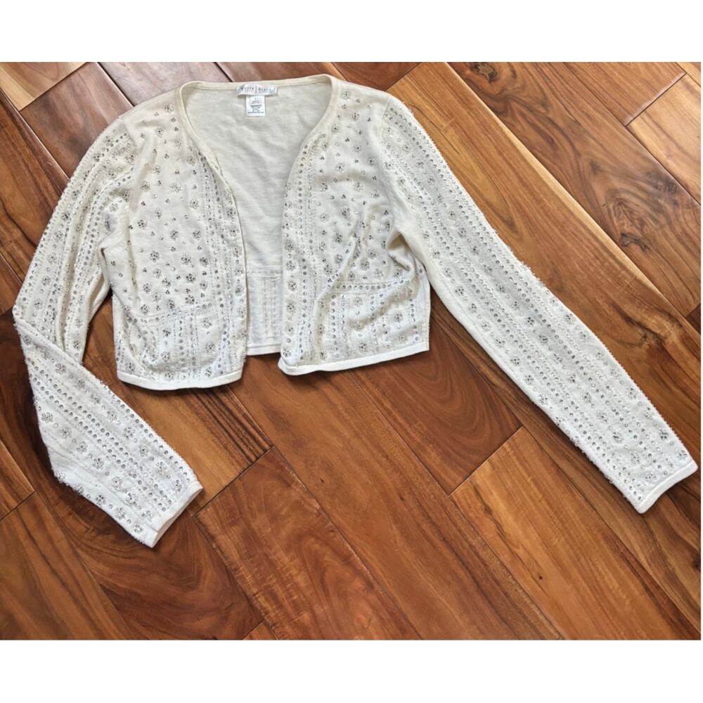 White House Black Market Ivory Cream Embellished Shrug Cardigan Large Rhinestone